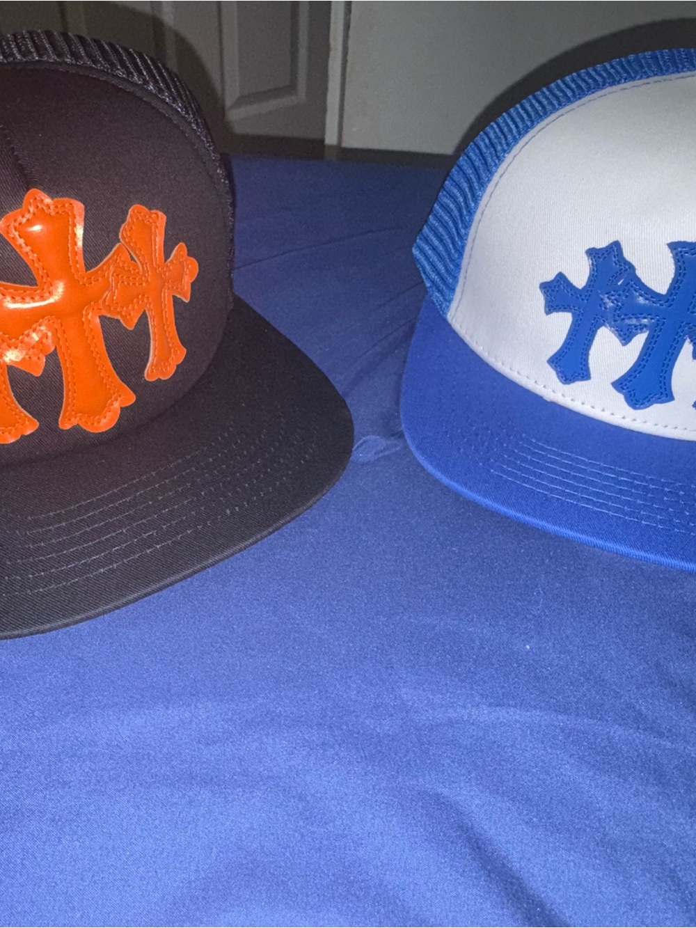 Chrome Hearts Trucker Hats Black/Orange & Blue/White – New with Tags – $60 Each